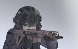 Rule 34 | 1girl, absurdres, aiming, assault rifle, black gloves, black hair, combat helmet, commentary, ear protection, english commentary, finger on trigger, gloves, grey background, gun, hair between eyes, helmet, highres, holding, holding gun, holding weapon, jimin6468, korean commentary, long hair, mixed-language commentary, original, purple eyes, red dot sight, rifle, scope, sig mcx, sig sauer, simple background, solo, upper body, weapon