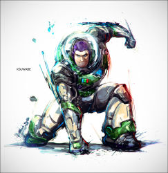 Rule 34 | 1boy, arm up, artist name, black border, blue eyes, border, buzz lightyear, chromatic aberration, clenched hands, closed mouth, k-suwabe, looking at viewer, male focus, motion lines, on one knee, simple background, sketch, solo, spacesuit, superhero landing, toy story, watermark, white background