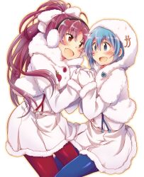 Rule 34 | 2girls, :d, apple, blue eyes, blue hair, blue pantyhose, bow, buttons, capelet, earmuffs, fangs, floating hair, food, fortissimo, fruit, hair bow, hair ornament, holding hands, hood, long hair, mahou shoujo madoka magica, mahou shoujo madoka magica (anime), miki sayaka, mittens, multiple girls, musical note, musical note hair ornament, open mouth, pantyhose, pikachi, pleated skirt, ponytail, red eyes, red hair, red pantyhose, sakura kyoko, short hair, skirt, smile, suspenders, white bow, white capelet, white mittens, winter clothes