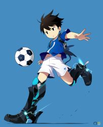 Rule 34 | 1boy, backpack, bag, ball, black eyes, black footwear, black hair, blue background, blue shirt, child, commentary request, full body, kicking, male focus, mechanical boots, noeyebrow (mauve), original, shirt, short sleeves, shorts, simple background, soccer, soccer ball, solo, white shorts