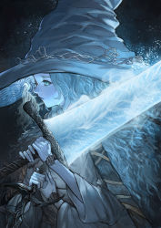 Rule 34 | 1girl, absurdres, blue eyes, blue hair, blue skin, blue theme, cloak, closed mouth, colored skin, cracked skin, dress, elden ring, extra arms, extra faces, from side, fur cloak, glowing, greatsword, grey background, hat, highres, holding, holding weapon, joints, jun (5455454541), long hair, long sleeves, moonlight greatsword, one eye closed, parted lips, ranni the witch, solo, sword, weapon, weapon request, witch, witch hat