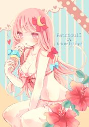 Rule 34 | 1girl, bikini, blush, bow, bra, breasts, character name, crescent, crescent hair ornament, eating, flower, food, frilled bikini, frills, hair bow, hair ornament, hibiscus, ice cream, karunabaru, large breasts, long hair, looking at viewer, navel, no headwear, panties, patchouli knowledge, purple eyes, purple hair, simple background, sitting, smile, solo, swimsuit, tongue, tongue out, touhou, underwear, underwear only
