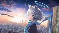 Rule 34 | 1girl, absurdres, animal ear fluff, animal ears, astelia, blue archive, blue eyes, blue scarf, blurry, building, cityscape, closed mouth, cloud, commentary request, cross hair ornament, depth of field, grey hair, hair between eyes, hair ornament, halo, highres, id card, looking at viewer, medium hair, outdoors, scarf, shiroko (blue archive), sky, skyscraper, solo, sunrise, upper body