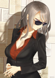 Rule 34 | 1girl, breasts, cleavage, collared shirt, formal, grey hair, highres, long hair, original, paper, purple eyes, shirt, solo, suit, sunglasses, throtem, unbuttoned, unbuttoned shirt
