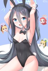 Rule 34 | 4girls, absurdly long hair, animal ears, aris (blue archive), black hair, blue archive, blue eyes, bow, bowtie, commentary, cowboy shot, detached collar, embarrassed, english commentary, halo, hayana neru, head only, highres, leotard, long hair, looking at viewer, midori (blue archive), momoi (blue archive), multiple girls, one side up, playboy bunny, rabbit ears, rabbit pose, rabbit tail, solo focus, tail, very long hair, wrist cuffs, yuzu (blue archive)