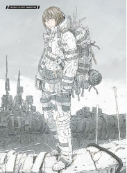 Rule 34 | 1boy, absurdres, alternate language, backpack, bag, boots, brown hair, character name, cloud, cloudy sky, english text, etherow, eyepatch, snowing, gloves, hard-translated, highres, jacket, limited palette, machinery, nihei tsutomu, ningyou no kuni, non-web source, official art, ruins, sky, snow, solo, standing, third-party edit