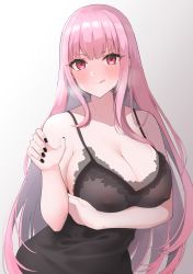 Rule 34 | 1girl, absurdres, argule0901, bare shoulders, blush, breasts, camisole, cleavage, hair between eyes, highres, hololive, hololive english, large breasts, licking, long hair, mori calliope, nail polish, nipples, pink hair, red eyes, simple background, smile, solo, virtual youtuber