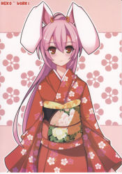 Rule 34 | 1girl, alternate costume, alternate hairstyle, animal ears, dress, floral print, highres, ideolo, japanese clothes, kimono, light purple hair, long hair, long sleeves, looking at viewer, non-web source, obi, ponytail, rabbit ears, red dress, red eyes, reisen udongein inaba, sash, scan, simple background, smile, solo, touhou, wide sleeves