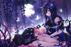 Rule 34 | 2girls, absurdres, bad id, bad pixiv id, barefoot, black hair, black nails, blonde hair, bug, butterfly, character request, closed eyes, commentary, elsword, english commentary, flower, full moon, hair between eyes, hair flower, hair ornament, highres, insect, laby (elsword), lap pillow, moon, multiple girls, nail polish, purple eyes, sleeping, smile, takano jiyuu, wisteria, yuri