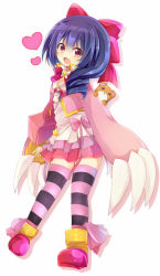 Rule 34 | 1girl, bird, blue hair, bow, dress, drill hair, heart, heart background, horizontal-striped legwear, looking at viewer, magical girl, magical star saki, multicolored clothes, multicolored legwear, open mouth, penguin, pink bow, pink dress, pink skirt, pink thighhighs, pleated skirt, purple eyes, purple thighhighs, red bow, red footwear, rento (rukeai), saikyou ginga ultimate zero ~battle spirits~, shoes, simple background, skirt, smile, solo, standing, star (symbol), striped clothes, striped thighhighs, stuffed animal, stuffed toy, teddy bear, thighhighs, white background