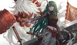 Rule 34 | 1girl, absurdres, arknights, arm scarf, beads, belt, black shirt, blouse, cowboy shot, crossed bangs, flag, green hair, hand up, highres, holding, holding shield, horns, hoshiguma (arknights), hoshiguma (ronin huntress) (arknights), katana, long hair, long sleeves, looking to the side, mask, multiple swords, navel, official alternate costume, oni mask, parted lips, scar, scar on face, shield, shirt, skin-covered horns, solo, standing, sword, weapon, white background, yellow eyes, zhai
