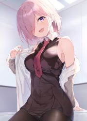 Rule 34 | 1girl, black dress, black pantyhose, blush, breasts, collared dress, dress, fate/grand order, fate (series), fine fabric emphasis, hair over one eye, highres, jacket, large breasts, light purple hair, looking at viewer, maosame, mash kyrielight, necktie, open mouth, pantyhose, purple eyes, short hair, smile