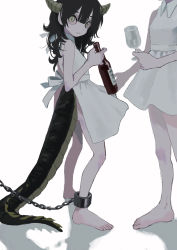 Rule 34 | 2girls, absurdres, apron, barefoot, black hair, bottle, bruise, chain, cuffs, cup, dragon girl, dragon horns, dragon tail, dress, drinking glass, end80236189, female focus, highres, holding, holding bottle, horns, injury, long hair, looking at viewer, multiple girls, naked apron, original, pale skin, parted lips, shackles, slave, slit pupils, standing, tail, white apron, white dress, wine glass