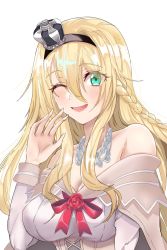 Rule 34 | 1girl, bare shoulders, black hairband, blonde hair, blue eyes, braid, breasts, chamumi (mochiumee), cleavage, commentary request, crown, dress, flower, french braid, hairband, highres, jewelry, kantai collection, large breasts, long hair, long sleeves, mini crown, necklace, off-shoulder dress, off shoulder, one-hour drawing challenge, red flower, red ribbon, red rose, ribbon, rose, simple background, smile, solo, warspite (kancolle), white background, white dress
