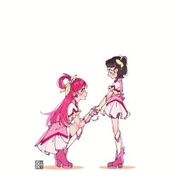 Rule 34 | 2girls, aoi tete, artist logo, black hair, blush, boots, commentary request, cosplay, cure dream, cure dream (cosplay), earrings, eyelashes, hair ornament, hair rings, hairclip, happy, high heel boots, high heels, highres, jewelry, long hair, looking at another, magical girl, multiple girls, pink eyes, pink hair, precure, skirt, smile, standing, vest, yes! precure 5, yes! precure 5 gogo!, yumehara nozomi