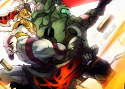 Rule 34 | 2boys, armlet, armor, bald, battle, beard, belt, brown gloves, buckle, bullet, clenched teeth, colored skin, crossover, crucible (doom), doom (series), doom eternal, doomguy, dual wielding, elbow gloves, facial hair, fingerless gloves, fire, flaming sword, flaming weapon, funi xd, gloves, god of war, green armor, holding, holding sword, holding weapon, kratos (god of war), male focus, manly, multiple boys, muscular, no nipples, red skirt, scar, scar across eye, scar on face, shin guards, shotgun shell, shoulder pads, skirt, space marine, sword, teamwork, teeth, thigh strap, torn clothes, torn skirt, weapon, white background, white skin