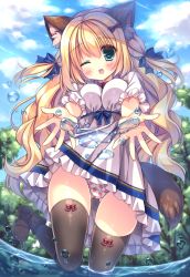 Rule 34 | 1girl, animal ear fluff, animal ears, black thighhighs, blonde hair, blue eyes, blue ribbon, blush, boots, bow, breasts, brown thighhighs, cloud, day, dog ears, dog tail, dress, food print, frilled dress, frills, gluteal fold, hair bow, hair ribbon, highres, kouta., long hair, medium breasts, one eye closed, open mouth, original, outdoors, panties, print panties, ribbon, ribbon-trimmed legwear, ribbon trim, short sleeves, sky, solo, strawberry panties, strawberry print, tail, thighhighs, tree, two side up, underwear, wading, water, water drop, wavy hair, white dress