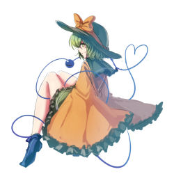 Rule 34 | 1girl, bow, frilled sleeves, frills, green eyes, green hair, hat, hat bow, hat ribbon, heart, heart of string, highres, knees up, koissa, komeiji koishi, long sleeves, looking at viewer, matching hair/eyes, one-hour drawing challenge, profile, ribbon, short hair, skirt, solo, third eye, touhou, white background, wide sleeves
