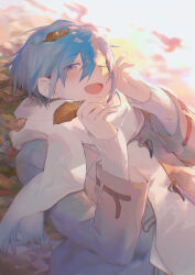 Rule 34 | 1boy, autumn leaves, beileimao, blue eyes, blue hair, blush, coat, grey coat, hair between eyes, hands up, happy, highres, holding, holding leaf, kaito (vocaloid), leaf, leaf on head, looking at viewer, lying, male focus, on back, on ground, one eye closed, open clothes, open coat, open mouth, scarf, short hair, sidelighting, signature, solo, upper body, vocaloid, white scarf