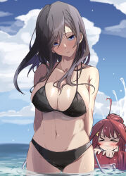 Rule 34 | &gt; &lt;, 2girls, absurdres, beach, bikini, black bikini, blue eyes, blush, breasts, brown hair, cleavage, closed eyes, cloud, cloudy sky, commentary request, go-toubun no hanayome, hair ornament, highres, innertube, large breasts, long hair, looking at viewer, manmaru syose, multiple girls, nakano itsuki, nakano miku, navel, open mouth, red hair, sky, star (symbol), star hair ornament, swim ring, swimsuit, wading, water, wet