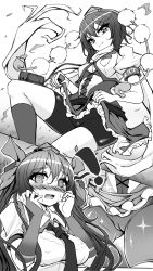 Rule 34 | 2girls, @ @, adapted costume, bike shorts, blush, bra, breasts, bridal gauntlets, cameltoe, close-up, crotch, female focus, female pervert, greyscale, hair ribbon, hands on own face, hat, highres, himekaidou hatate, large breasts, long hair, medium breasts, monochrome, multiple girls, necktie, open mouth, panties, pervert, pom pom (cheerleading), pom pom (clothes), pouch, pz, ribbon, see-through, shameimaru aya, short hair, shorts, shorts under skirt, skirt, smile, tokin hat, touhou, twintails, underwear