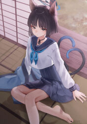 Rule 34 | 1girl, animal ears, artist name, barefoot, black eyes, black hair, black sailor collar, black skirt, blue archive, blue neckerchief, cat ears, cat tail, eyeshadow, haori, highres, indoors, japanese clothes, kikyou (blue archive), long sleeves, looking at viewer, makeup, multiple tails, neckerchief, parted lips, pleated skirt, red eyeshadow, rryiup, sailor collar, school uniform, serafuku, short hair, shouji, signature, skirt, sliding doors, solo, tail, tatami, toes, two tails