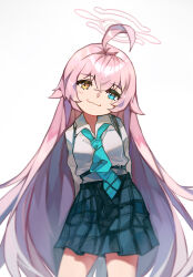 Rule 34 | 1girl, absurdres, ahoge, arms behind back, black skirt, blue archive, blue necktie, collared shirt, commentary request, hair between eyes, halo, heterochromia, highres, hoshino (blue archive), long hair, long sleeves, looking at viewer, necktie, pink hair, plaid, plaid skirt, pleated skirt, sakanafish, school uniform, shirt, shoulder strap, sidelocks, skirt, smile, solo, white background, white shirt