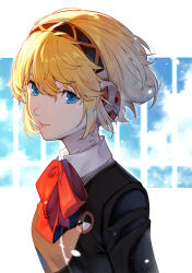 Rule 34 | 1girl, absurdres, aegis (persona), android, blonde hair, blue eyes, bow, bowtie, collared shirt, from side, gekkoukan high school uniform, hair between eyes, headphones, highres, looking at viewer, nishizora aki, parted lips, persona, persona 3, persona 3 reload, pink lips, red bow, red bowtie, ringed eyes, robot ears, school uniform, shiny skin, shirt, short hair, smile, solo, upper body