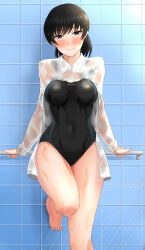 Rule 34 | 1girl, against wall, amagami, arm support, barefoot, black eyes, black hair, black one-piece swimsuit, blush, breasts, closed mouth, competition swimsuit, grey one-piece swimsuit, highres, medium breasts, medium hair, mori heichi, one-piece swimsuit, ponytail, see-through, see-through shirt, shirt, shower (place), solo, standing, standing on one leg, swimsuit, thighs, tile wall, tiles, tsukahara hibiki, two-tone swimsuit, wet, wet clothes, wet shirt, wet swimsuit, white shirt