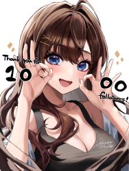 Rule 34 | 1girl, :d, ahoge, black tank top, blue eyes, blush, breasts, brown hair, cleavage, eyelashes, hair ornament, hairpin, highres, ichinose shiki, idolmaster, idolmaster cinderella girls, kudou (sikisiki0000), lab coat, looking at viewer, milestone celebration, mole, mole on arm, mole on breast, ok sign, open mouth, simple background, smile, solo, tank top, upper body, white background