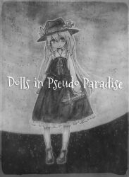 Rule 34 | 1960965346, 1girl, black dress, black hat, cross, dolls in pseudo paradise, dress, full body, hat, highres, holding, holding cross, jacket girl (dipp), long hair, long sleeves, looking at viewer, monochrome, sky, smile, solo, standing, star (sky), starry sky, touhou