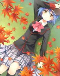 Rule 34 | 1girl, blazer, blue hair, book, bow, bowtie, brown eyes, grass, hand on own head, jacket, leaf, little busters!, looking at viewer, lying, nishizono mio, parted lips, pink bow, plaid, plaid skirt, pleated skirt, satou aoi, school uniform, short hair, skirt, solo