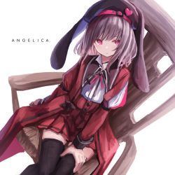 Rule 34 | 1girl, black thighhighs, chair, character request, eyebrows, hand on thigh, hat, heart, konome noi, looking at viewer, pleated skirt, red eyes, ribbon, seiken manifestia, short hair, sitting, skirt, solo, thighhighs