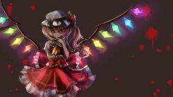 Rule 34 | 1girl, adapted costume, artist request, ascot, black background, blonde hair, blood, blouse, bow, cowboy shot, crystal, dress, female focus, finger to own chin, flandre scarlet, glowing, glowing wings, hair between eyes, hat, hat bow, highres, lace, looking at viewer, mob cap, ponytail, puffy sleeves, rainbow order, red bow, red dress, red eyes, red skirt, red vest, shirt, short sleeves, side ponytail, skirt, skirt set, solo, touhou, vest, wings