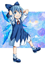 Rule 34 | 1girl, arms behind head, blue bow, blue dress, blue eyes, blue footwear, blue hair, blush, bow, cirno, collared shirt, detached wings, dress, fairy, full body, grin, hair bow, highres, ice, ice wings, inuno rakugaki, looking at viewer, pinafore dress, shirt, shoes, short hair, short sleeves, sleeveless, sleeveless dress, smile, socks, solo, touhou, white shirt, white socks, wings
