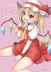 Rule 34 | &gt;:d, 1girl, :d, arm support, ascot, b.c, between legs, blonde hair, crystal, dated, dress, english text, eyebrows, fang, flandre scarlet, hair between eyes, hand between legs, highres, looking at viewer, open mouth, pink background, puffy sleeves, red dress, red eyes, shirt, simple background, sitting, smile, solo, touhou, twitter username, v, v-shaped eyebrows, wariza, white shirt, wings