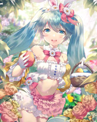 Rule 34 | 1girl, absurdres, animal ears, aqua eyes, aqua hair, bare shoulders, basket, bloomers, blurry, blurry background, commentary, cosplay, cowboy shot, crop top, daisy, easter bunny, easter bunny (cosplay), egg, flower, frilled skirt, frills, gloves, hair flower, hair ornament, hatsune miku, highres, holding, holding basket, holding egg, light blush, long hair, looking at viewer, midriff, miniskirt, navel, open mouth, pink flower, pink skirt, rabbit ears, rhea (0u0), rose, skirt, smile, solo, stomach, symbol-only commentary, twintails, underwear, very long hair, vocaloid, white flower, white gloves, yellow flower