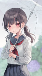 Rule 34 | 1girl, black hair, blue sailor collar, blue skirt, commentary request, day, flower, holding, holding umbrella, hydrangea, long hair, long sleeves, looking at viewer, low twintails, midorikawa you, neckerchief, original, outdoors, parted lips, pleated skirt, puffy long sleeves, puffy sleeves, purple flower, rain, red eyes, red neckerchief, sailor collar, school uniform, serafuku, shirt, skirt, solo, transparent, transparent umbrella, twintails, umbrella, white shirt