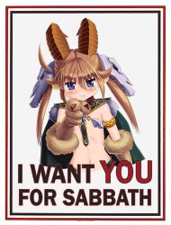 Rule 34 | 1girl, ahoge, animal ears, animal hands, armlet, baphomet (monster girl encyclopedia), black border, blue eyes, blush, border, brown hair, cape, chain, child, claws, closed mouth, demon girl, demon horns, dot nose, english text, fang, fang out, fingernails, flat chest, fur trim, goat ears, goat horns, green cape, hair between eyes, hair ornament, highres, horns, i want you, looking at viewer, monster girl, monster girl encyclopedia, navel, pointing, pointing at viewer, poster (medium), red border, revealing clothes, sharp fingernails, skull hair ornament, slit pupils, solo, twintails, uncle sam, upper body, valldor, white background