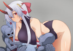 Rule 34 | 1girl, bent over, blush, breasts, clenched teeth, fate/grand order, fate (series), grey background, headband, horns, large breasts, oni, oni horns, pononozo, red eyes, restrained, silver hair, sweat, teeth, tomoe gozen (fate), tongue, tongue out