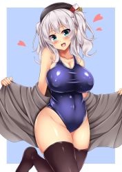 Rule 34 | 10s, 1girl, :d, black hat, black thighhighs, blue background, blue eyes, blue one-piece swimsuit, blush, border, breasts, eyebrows, groin, hat, head tilt, heart, kantai collection, kashima (kancolle), large breasts, off shoulder, one-piece swimsuit, open mouth, shiny clothes, silver hair, skindentation, smile, solo, swimsuit, thighhighs, twintails, white border, yahiro (anhnw)