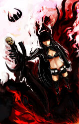 Rule 34 | 10s, 1girl, absurdres, artist request, bikini, bikini top only, black gold saw, black hair, black rock shooter, boots, breasts, cleavage, fire, highres, hime cut, horns, jacket, king saw, long hair, midriff, lava, navel, red eyes, serious, short shorts, shorts, skull, swimsuit, sword, thigh boots, thighhighs, weapon