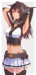 Rule 34 | 1girl, armpits, arms behind head, arms up, black gloves, black hair, black thighhighs, breasts, garter straps, gloves, headgear, kantai collection, kasumi (skchkko), long hair, looking at viewer, medium breasts, nagato (kancolle), navel, partially fingerless gloves, pleated skirt, red eyes, simple background, skirt, smile, solo, thighhighs, two-tone background, white skirt