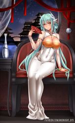 Rule 34 | 1girl, arm support, breasts, chair, china dress, chinese clothes, cleavage, dress, evening, fate/grand order, fate (series), full body, green hair, hand fan, happy new year, highres, hobble dress, holding, holding fan, horns, kiyohime (fate), large breasts, legs, long dress, long hair, long sleeves, looking at viewer, midnight (banyex), new year, no panties, open mouth, single horn, sitting, solo, table, thighs, tight clothes, tight dress, very long hair, white dress, yellow eyes