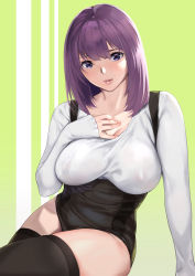 Rule 34 | 1girl, arm support, black panties, black thighhighs, blush, breasts, cleavage, collarbone, covered erect nipples, crossed legs, fingernails, gradient background, green background, hand on own chest, large breasts, long hair, long sleeves, looking at viewer, original, panties, parted lips, purple eyes, purple hair, short shorts, shorts, solo, suspender shorts, suspenders, thighhighs, thighs, underwear, v-neck, white background, yamaishi (mukoubuti)