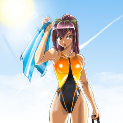 Rule 34 | 1girl, absurdres, blue sky, cloud, commentary request, competition swimsuit, contrail, cowboy shot, dark-skinned female, dark skin, highleg, highleg swimsuit, highres, ibuki imina, juuta-rou, long hair, looking at viewer, multicolored clothes, multicolored swimsuit, one-piece swimsuit, ponytail, purple hair, school girl strikers, sky, solo, speedo (company), sun, swimsuit, towel, yellow eyes