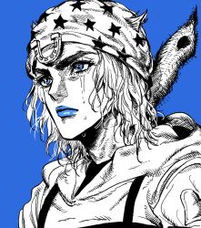 Rule 34 | 1boy, bandana, blue background, blue eyes, blue lips, greyscale with colored background, highres, horseshoe ornament, jacket, johnny joestar, jojo no kimyou na bouken, male focus, my nameisyoon, short hair, simple background, solo, spot color, steel ball run, tears, upper body, v-shaped eyebrows