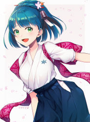 Rule 34 | 1girl, :d, bell, blue hair, blue hakama, breasts, copyright request, flower, green eyes, hair bell, hair flower, hair ornament, hakama, hakama skirt, highres, japanese clothes, kimono, looking at viewer, medium breasts, mugi (iccomae), open mouth, pink flower, ponytail, puffy short sleeves, puffy sleeves, short sleeves, skirt, smile, solo, white kimono