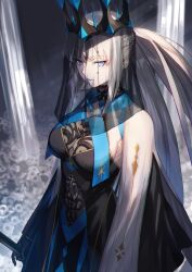 Rule 34 | 1girl, black dress, black gloves, black veil, blue eyes, blue lips, bow, braid, breasts, center opening, clothing cutout, cowboy shot, crown, dress, fate/grand order, fate (series), gloves, grey hair, half up braid, holding, holding staff, large breasts, long hair, long sleeves, looking at viewer, morgan le fay (fate), morgan le fay (queen of winter) (fate), nakanishi tatsuya, ponytail, sidelocks, solo, staff, stomach cutout, two-tone dress, veil, very long hair