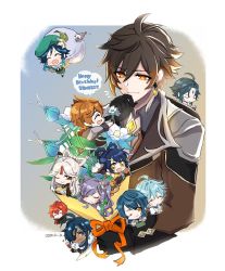Rule 34 | 1boy, 3girls, 6+boys, absurdres, ahoge, baozi, birthday, black gloves, black hair, blue eyes, blue hair, blush, bottle, bouquet, braid, breasts, brown hair, cape, chibi, china dress, chinese clothes, chongyun (genshin impact), closed eyes, closed mouth, cone hair bun, crossed arms, cup, dark-skinned male, dark skin, diluc (genshin impact), double bun, dress, drinking glass, earrings, elbow gloves, english text, eyepatch, facial mark, flower, food, forehead mark, formal, genshin impact, glass, gloves, gradient hair, green headwear, hair between eyes, hair bun, hair flower, hair ornament, hairpin, hand on own chin, hat, highres, holding, holding cup, holding flower, jacket, jewelry, kaeya (genshin impact), keqing (genshin impact), leaf, long hair, long sleeves, looking at viewer, male focus, multicolored hair, multiple boys, multiple girls, ningguang (genshin impact), notice lines, one eye covered, open mouth, orange hair, parted bangs, ponytail, purple hair, red eyes, red hair, ribbon, sack, short hair, shorts, sidelocks, simple background, single earring, sleeveless, sleeveless dress, smile, speech bubble, suit, tartaglia (genshin impact), trap, trsnsuki, twin braids, twintails, venti (genshin impact), very long hair, white hair, white legwear, wine bottle, wine glass, xiangling (genshin impact), xiao (genshin impact), xingqiu (genshin impact), yellow eyes, zhongli (genshin impact)